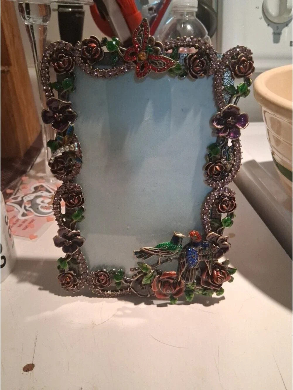 Decorative Enamel and Rhinestone Floral Picture Frame with Butterfly and Birds